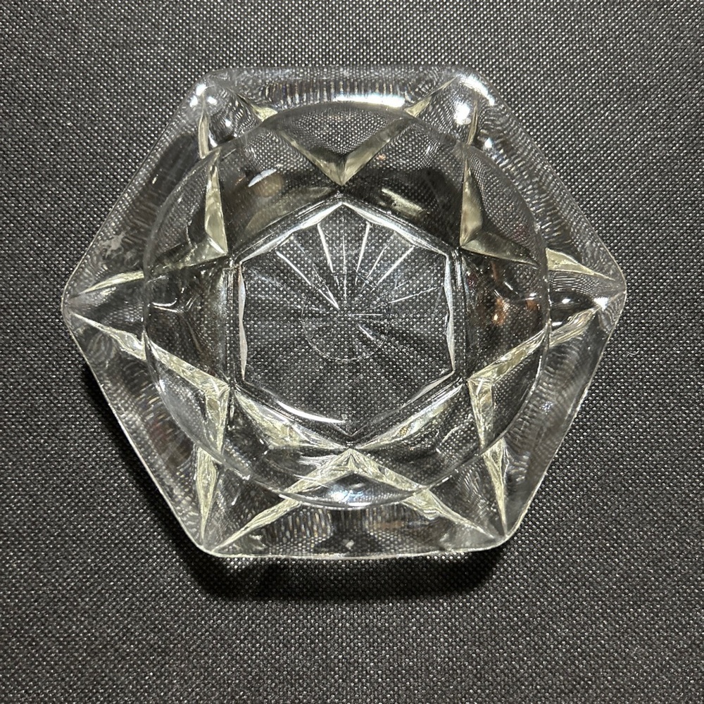 Vintage Hexagonal Starburst Clear Glass Ashtray Mid Century Modern 6 Grooves